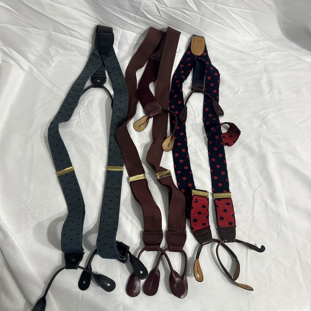 Vintage Men's Button Suspenders Braces Lot Of 3 Leather Ends Solid Brass England
